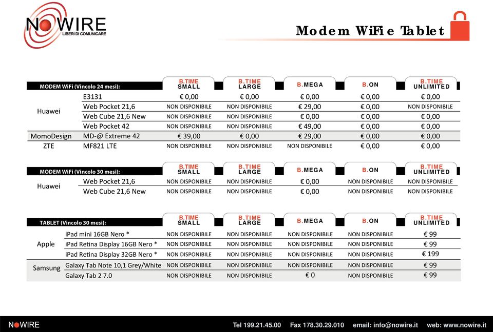 Pocket 42 NON DISPONIBILE NON DISPONIBILE 49,00 0,00 0,00 MomoDesign MD-@ Extreme 42 39,00 0,00 29,00 0,00 0,00 ZTE MF821 LTE NON DISPONIBILE NON DISPONIBILE NON DISPONIBILE 0,00 0,00 B.