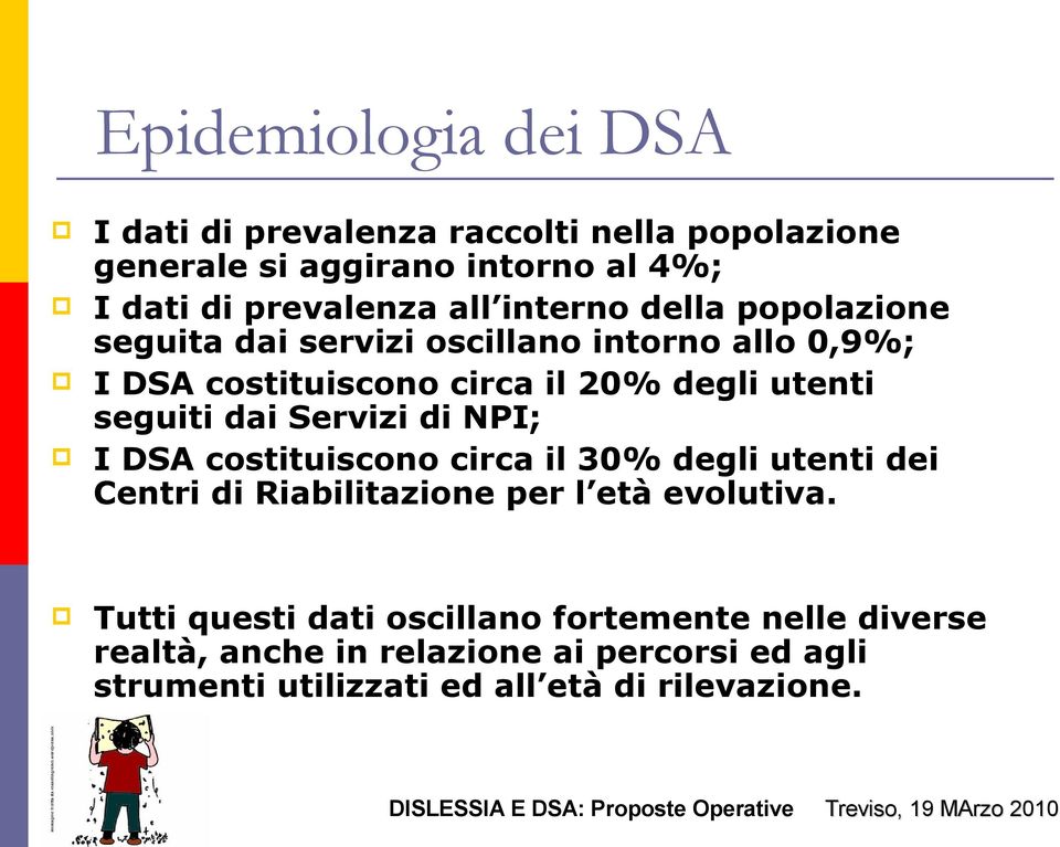 dai Servizi di NPI; I DSA costituiscono circa il 30% degli utenti dei Centri di Riabilitazione per l età evolutiva.