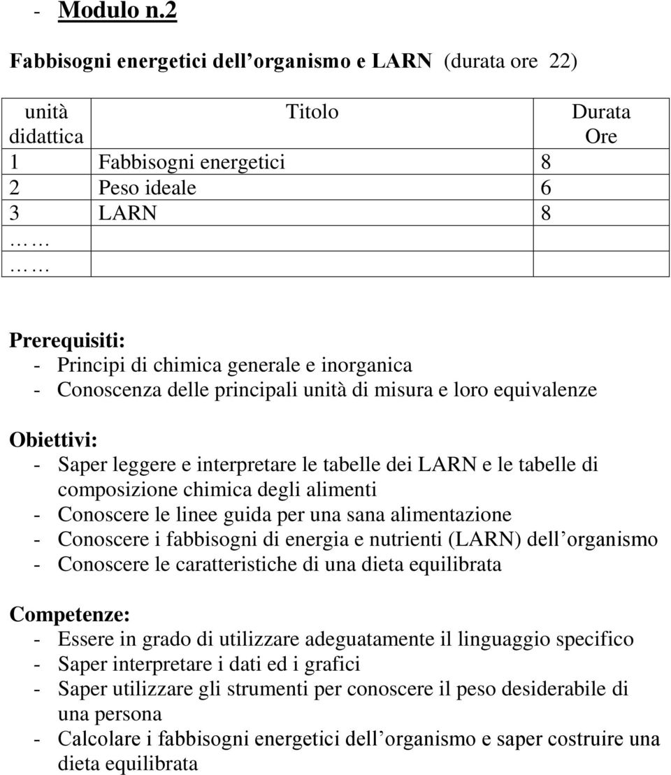 principali di misura e loro equivalenze - Saper leggere e interpretare le tabelle dei LARN e le tabelle di composizione chimica degli alimenti - Conoscere le linee guida per una sana alimentazione -