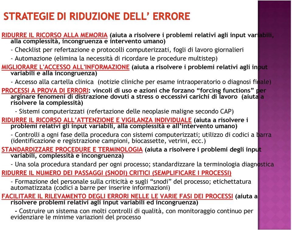 input variabili e alla incongruenza) - Accesso alla cartella clinica (notizie cliniche per esame intraoperatorio o diagnosi finale) PROCESSI A PROVA DI ERRORI: vincoli di uso e azioni che forzano