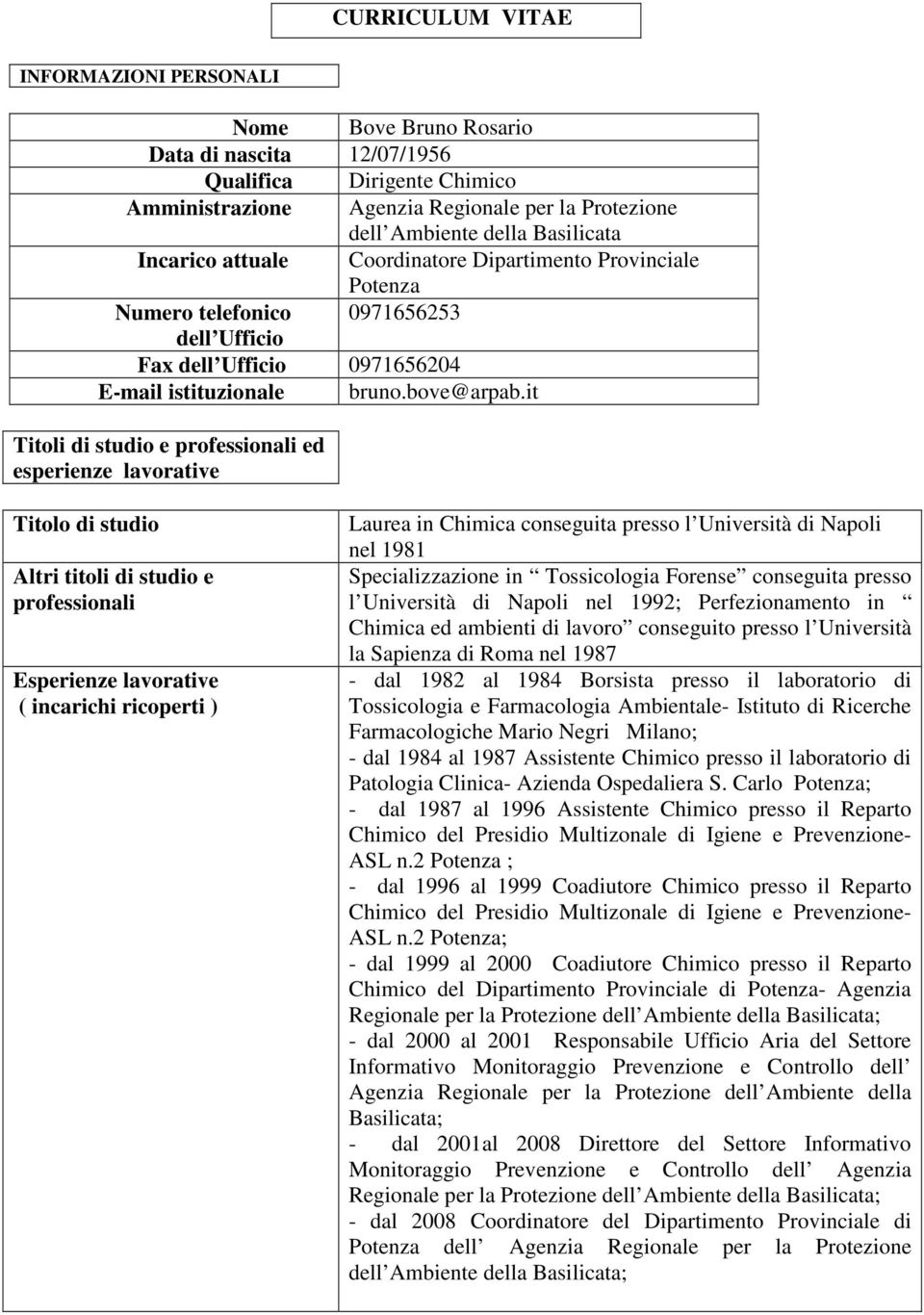 it Titoli di studio e professionali ed esperienze lavorative Titolo di studio Altri titoli di studio e professionali Esperienze lavorative ( incarichi ricoperti ) Laurea in Chimica conseguita presso