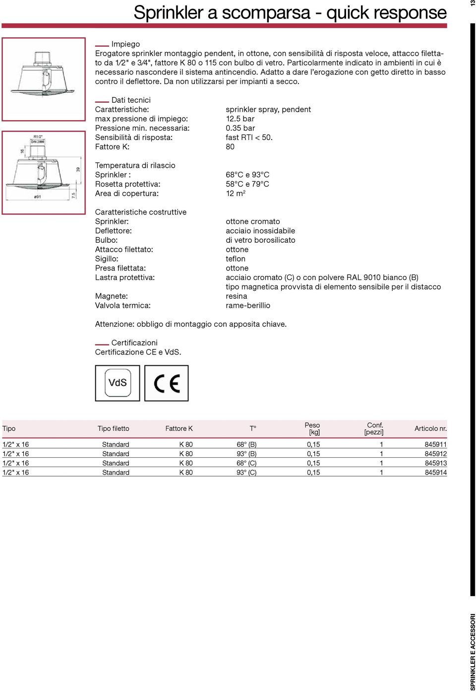 Da non utilizzarsi per impianti a secco. Caratteristiche: sprinkler spray, pendent max pressione di impiego: 12.5 bar Pressione min. necessaria: 0.35 bar Sensibilità di risposta: fast RTI < 50.