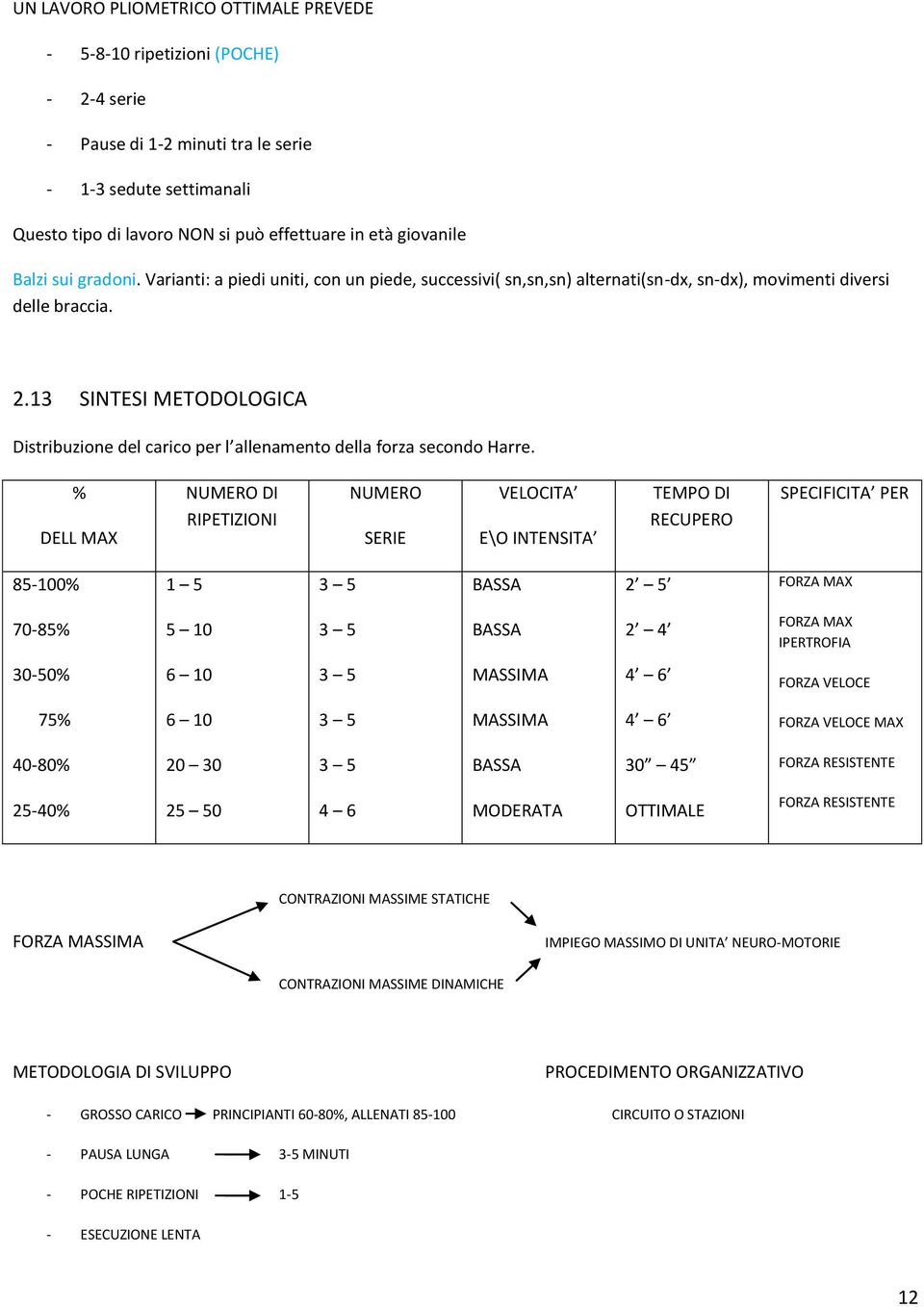 13 SINTESI METODOLOGICA Distribuzione del carico per l allenamento della forza secondo Harre.