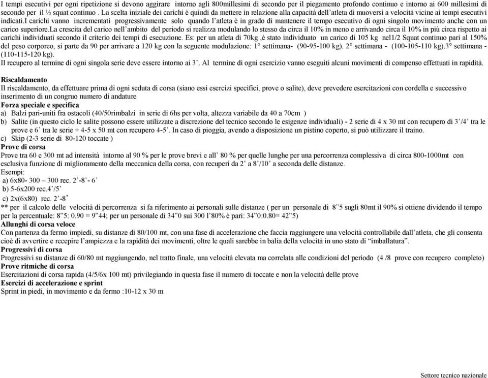 i carichi vanno incrementati progressivamente solo quando l atleta è in grado di mantenere il tempo esecutivo di ogni singolo movimento anche con un carico superiore.