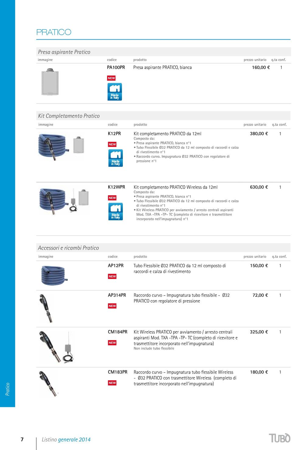 Impugnatura Ø32 PRATICO con regolatore di pressione n 1 380,00 1 K12WPR Kit completamento PRATICO Wireless da 12ml Composto da: Presa aspirante PRATICO, bianca n 1 Tubo Flessibile Ø32 PRATICO da 12