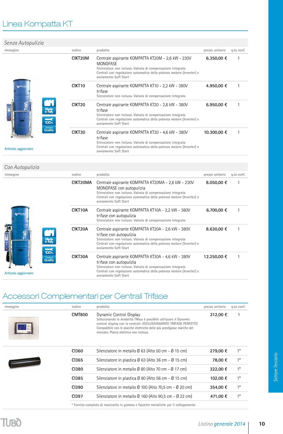 350,00 1 CIKT10 Centrale aspirante KOMPATTA KT10-2,2 kw - 380V trifase Silenziatore non incluso. Valvola di compensazione integrata 4.