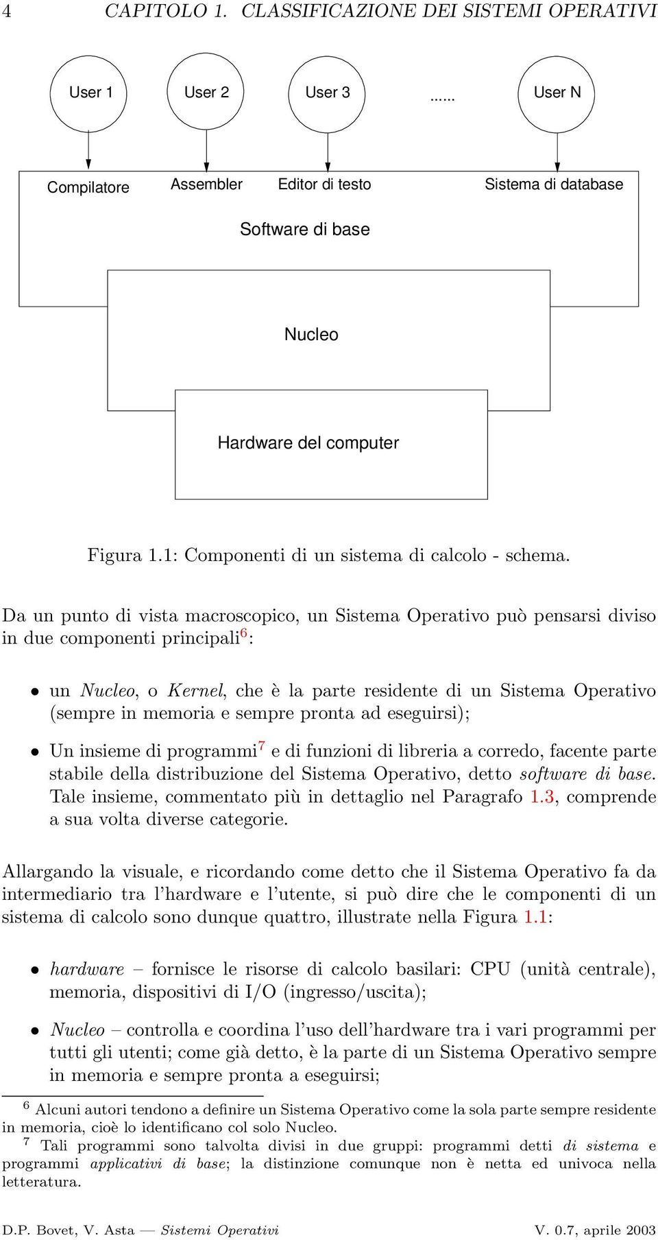 Da un punto di vista macroscopico, un Sistema Operativo può pensarsi diviso in due componenti principali 6 : un Nucleo, o Kernel, che è la parte residente di un Sistema Operativo (sempre in memoria e