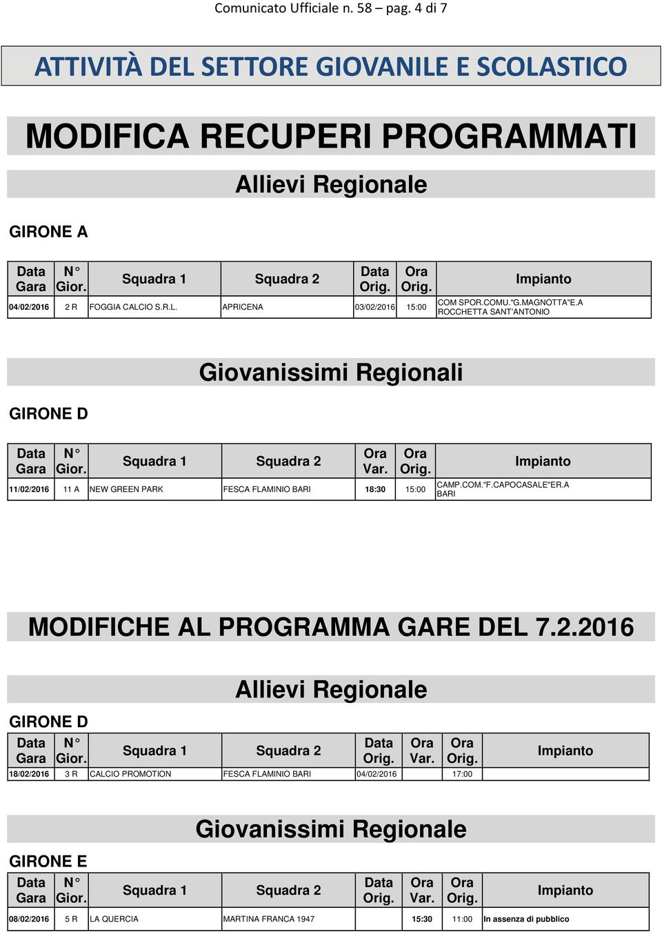 COMU."G.MAGNOTTA"E.A ROCCHETTA SANT ANTONIO GIRONE D Giovanissimi Regionali 11/02/2016 11 A NEW GREEN PARK FESCA FLAMINIO BARI 18:30 15:00 CAMP.COM."F.