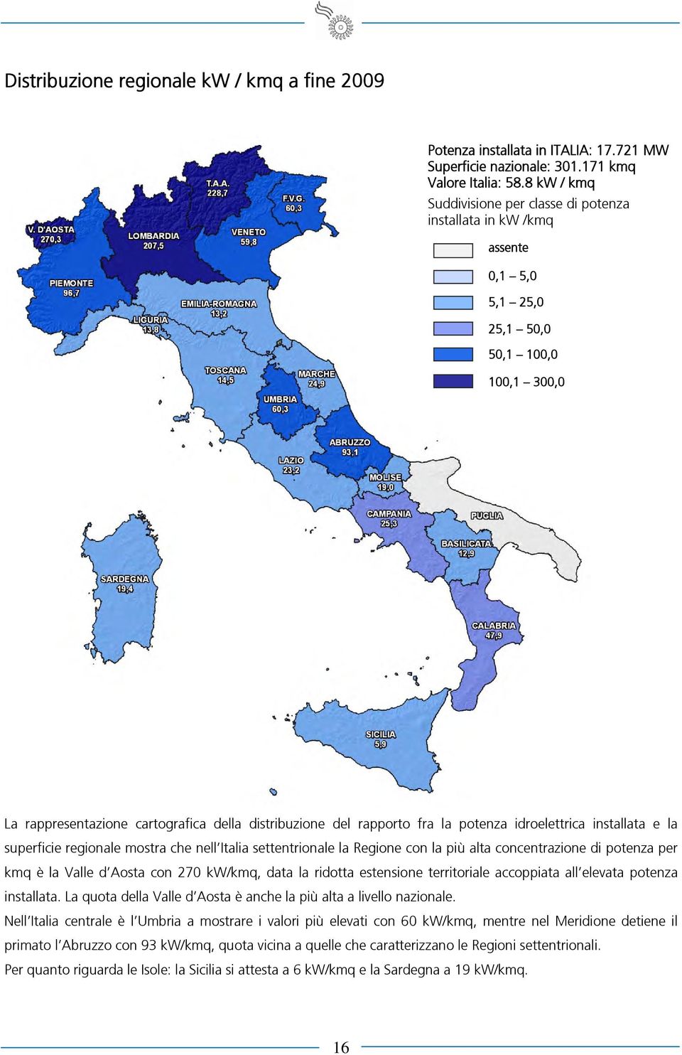potenza idroelettrica installata e la superficie regionale mostra che nell Italia settentrionale la Regione con la più alta concentrazione di potenza per kmq è la Valle d Aosta con 270 kw/kmq, data