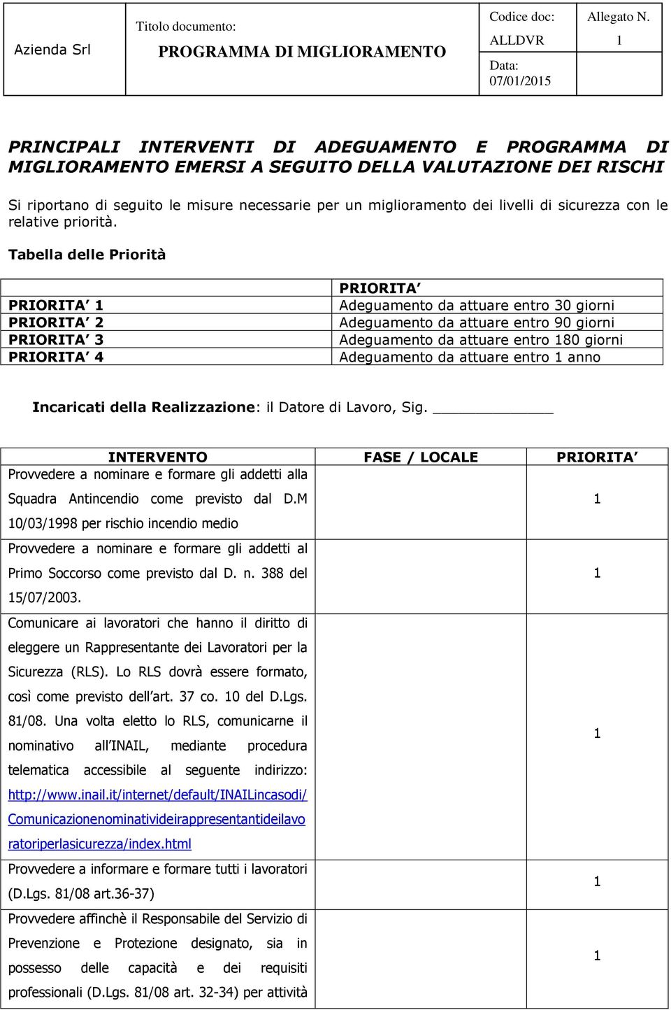 Tabella delle Priorità PRIORITA PRIORITA 2 PRIORITA 3 PRIORITA 4 PRIORITA Adeguamento da attuare entro 30 giorni Adeguamento da attuare entro 90 giorni Adeguamento da attuare entro 80 giorni