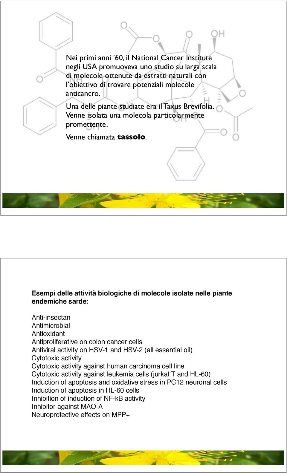 Esempi delle attività biologiche di molecole isolate nelle piante endemiche sarde: Anti-insectan Antimicrobial Antioxidant Antiproliferative on colon cancer cells Antiviral activity on HSV-1 and