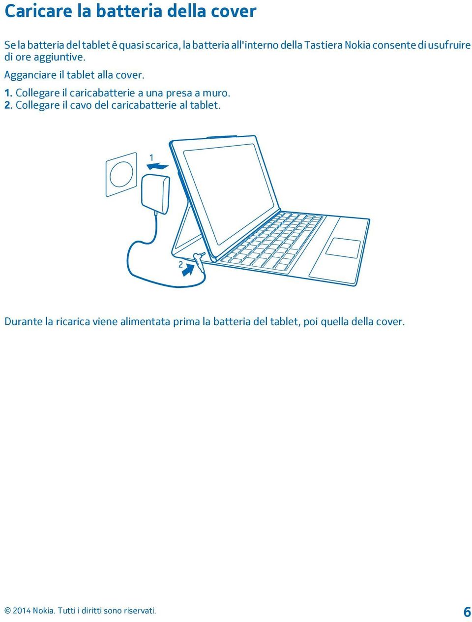 Agganciare il tablet alla cover. 1. Collegare il caricabatterie a una presa a muro. 2.