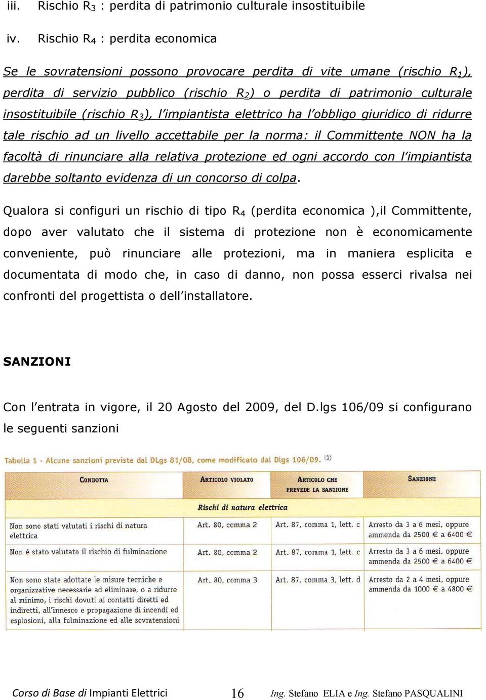 (rischio R 2 ) o perdita di patrimonio culturale insostituibile (rischio R 3 ), l impiantista elettrico ha l obbligo giuridico di ridurre tale rischio ad un livello accettabile per la norma: il