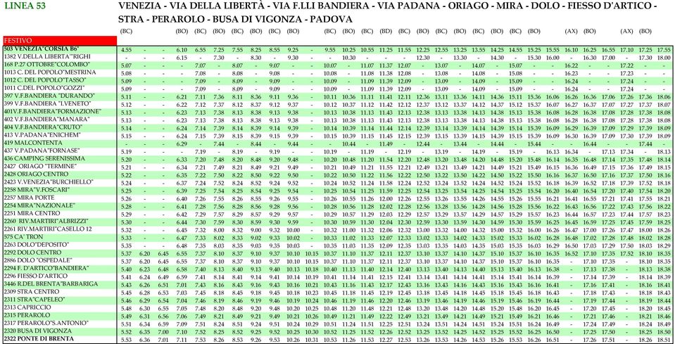 (BO) (BC) (BO) (AX) (BO) (AX) (BO) FESTIVO 503 VENEZIA"CORSIA B6" 4.55 - - 6.10 6.55 7.25 7.55 8.25 8.55 9.25-9.55 10.25 10.55 11.25 11.55 12.25 12.55 13.25 13.55 14.25 14.55 15.25 15.55 16.10 16.