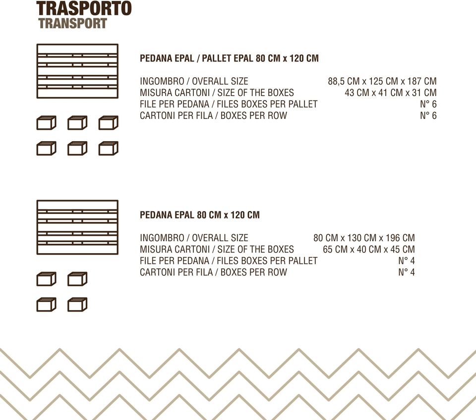 41 CM x 31 CM N 6 N 6 PEDANA EPAL 80 CM x 120 CM INGOMBRO / OVERALL SIZE 80 CM x 130 CM x 196 CM MISURA CARTONI /