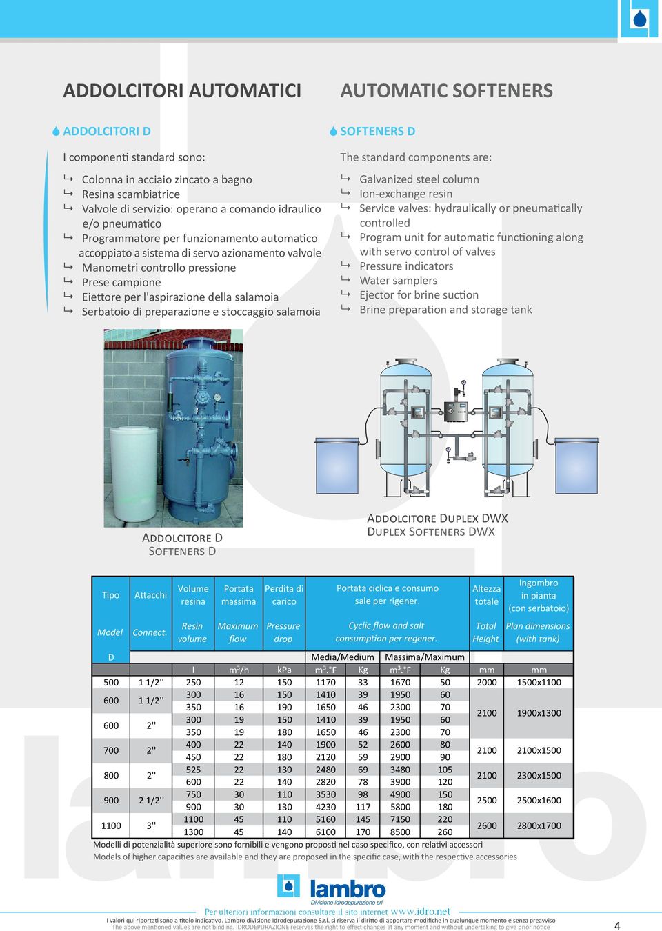 SOFTENERS D The standard components are: Galvanized steel column Ion-exchange resin Service valves: hydraulically or pneumatically controlled Program unit for automatic functioning along with servo