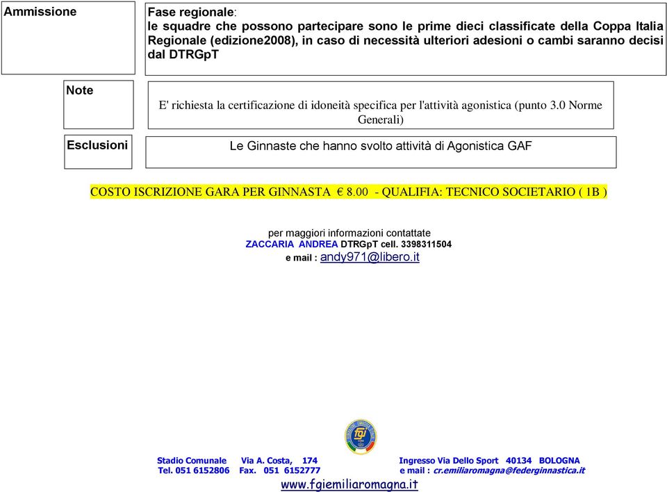 0 Norme Generali) Le Ginnaste che hanno svolto attività di Agonistica GAF COSTO ISCRIZIONE GARA PER GINNASTA 8.