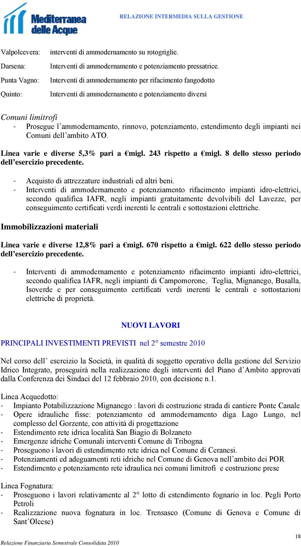 impianti nei Comuni dell ambito ATO. Linea varie e diverse 5,3% pari a migl. 243 rispetto a migl. 8 dello stesso periodo dell esercizio precedente.