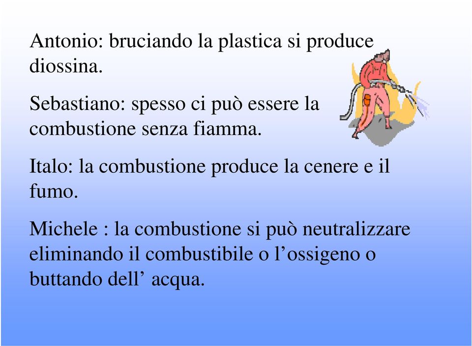 Italo: la combustione produce la cenere e il fumo.