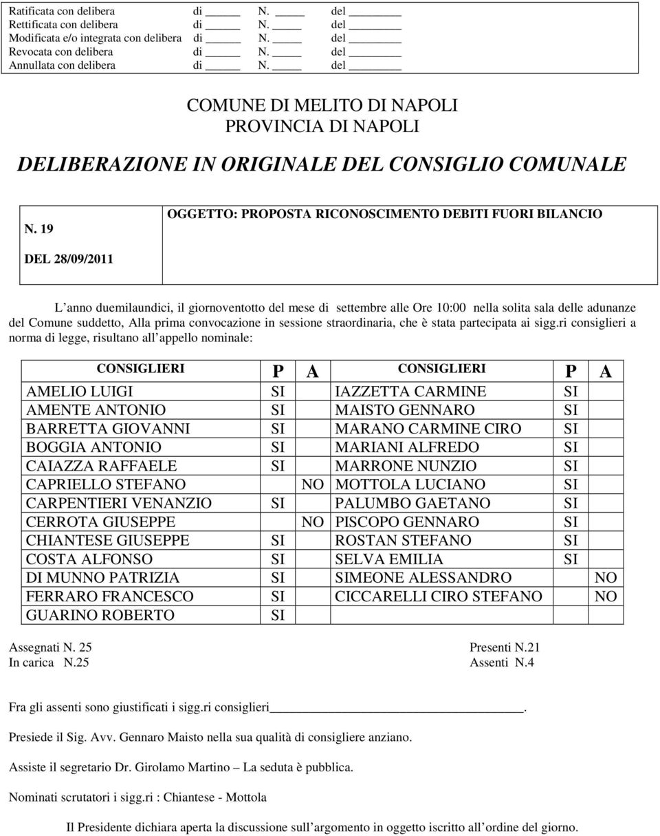 19 OGGETTO: PROPOSTA RICONOSCIMENTO DEBITI FUORI BILANCIO DEL 28/09/2011 L anno duemilaundici, il giornoventotto del mese di settembre alle Ore 10:00 nella solita sala delle adunanze del Comune