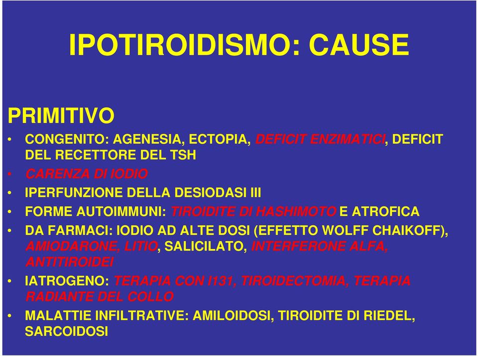 IODIO AD ALTE DOSI (EFFETTO WOLFF CHAIKOFF), AMIODARONE, LITIO, SALICILATO, INTERFERONE ALFA, ANTITIROIDEI IATROGENO: