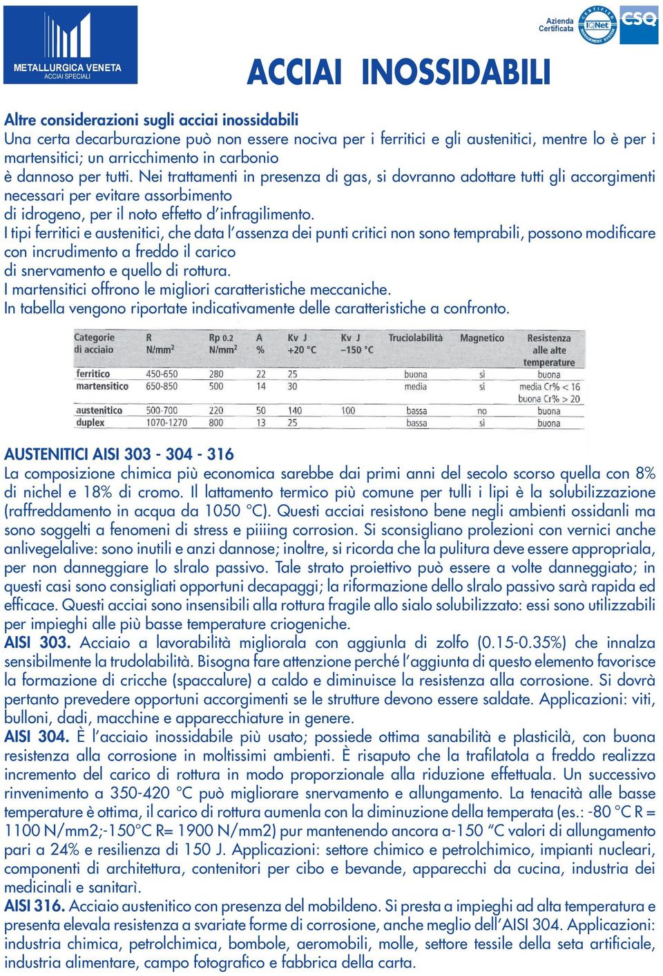 I tipi ferritici e austenitici, che data l assenza dei punti critici non sono temprabili, possono modificare con incrudimento a freddo il carico di snervamento e quello di rottura.