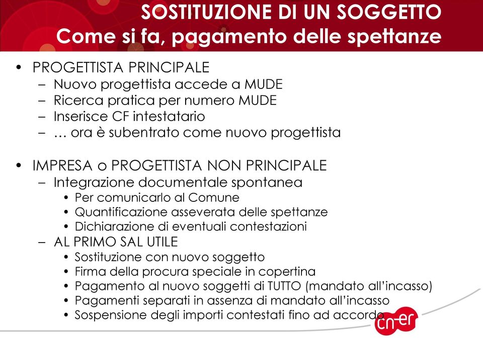 Quantificazione asseverata delle spettanze Dichiarazione di eventuali contestazioni AL PRIMO SAL UTILE Sostituzione con nuovo soggetto Firma della procura speciale