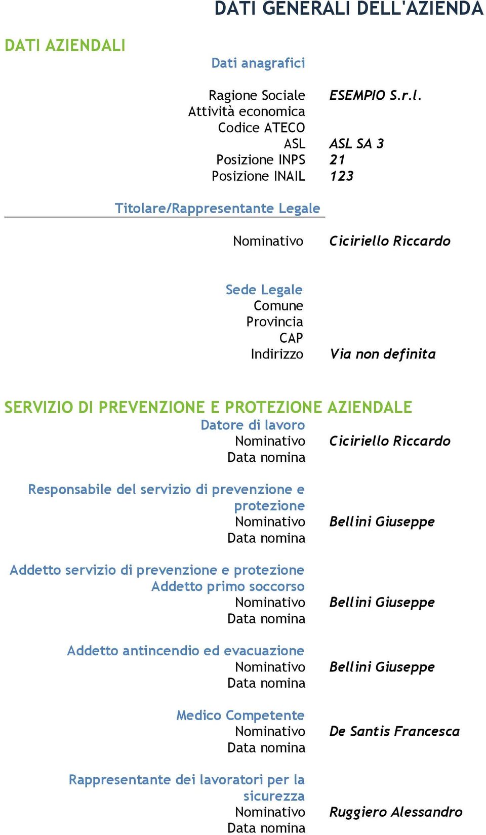 Attività economica Codice ATECO ASL ASL SA 3 Posizione INPS 21 Posizione INAIL 123 Titolare/Rappresentante Legale Ciciriello Riccardo Sede Legale Comune Provincia CAP