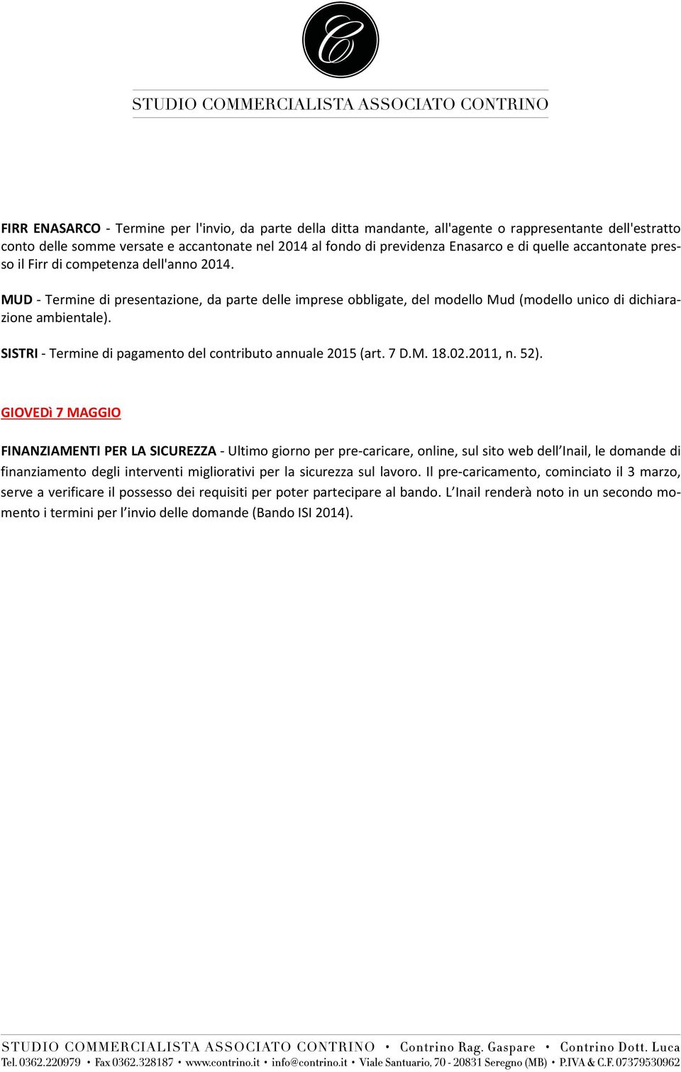 SISTRI - Termine di pagamento del contributo annuale 2015 (art. 7 D.M. 18.02.2011, n. 52).