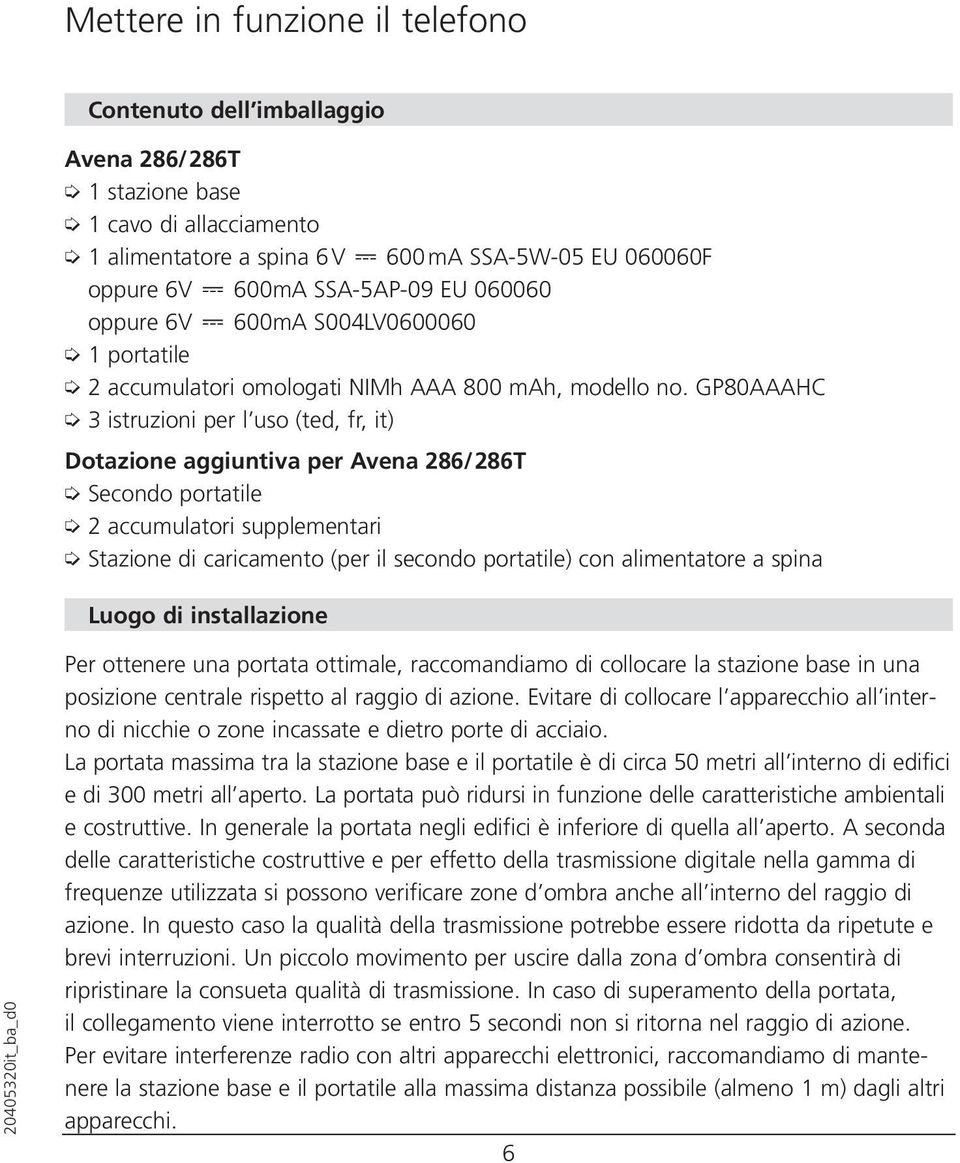 GP80AAAHC 3 istruzioni per l uso (ted, fr, it) Dotazione aggiuntiva per Avena 286/286T Secondo portatile 2 accumulatori supplementari Stazione di caricamento (per il secondo portatile) con