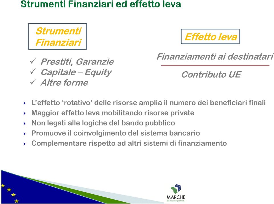 Maggior effetto leva mobilitando risorse private Non legati alle logiche del bando pubblico