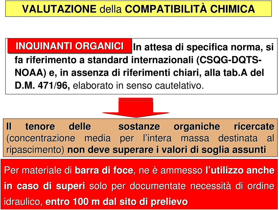 Il tenore delle sostanze organiche ricercate (concentrazione media per l intera l massa destinata al ripascimento) non deve superare i valori