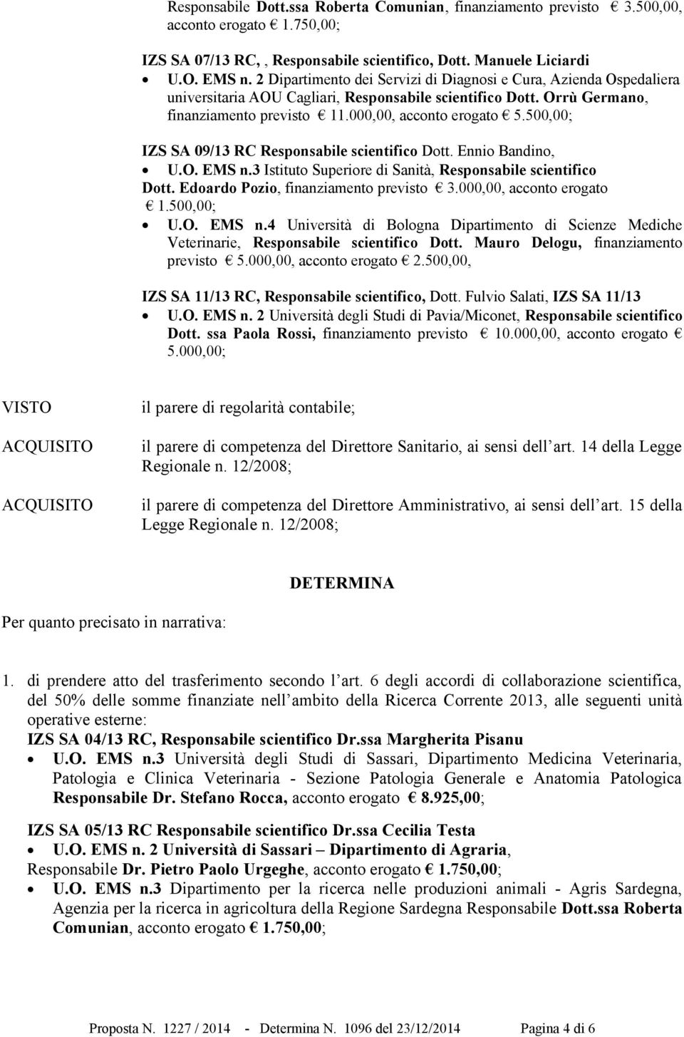 500,00; IZS SA 09/13 RC Responsabile scientifico Dott. Ennio Bandino, U.O. EMS n.3 Istituto Superiore di Sanità, Responsabile scientifico Dott. Edoardo Pozio, finanziamento previsto 3.