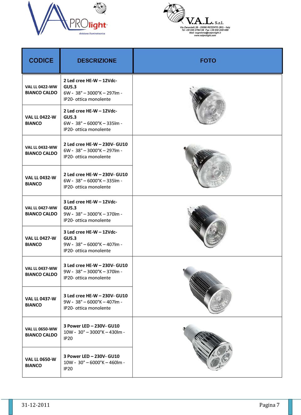 CALDO VAL LL 0427-W 3 Led cree HE-W 12Vdc- GU5.3 9W - 38 3000 K 370lm - 3 Led cree HE-W 12Vdc- GU5.