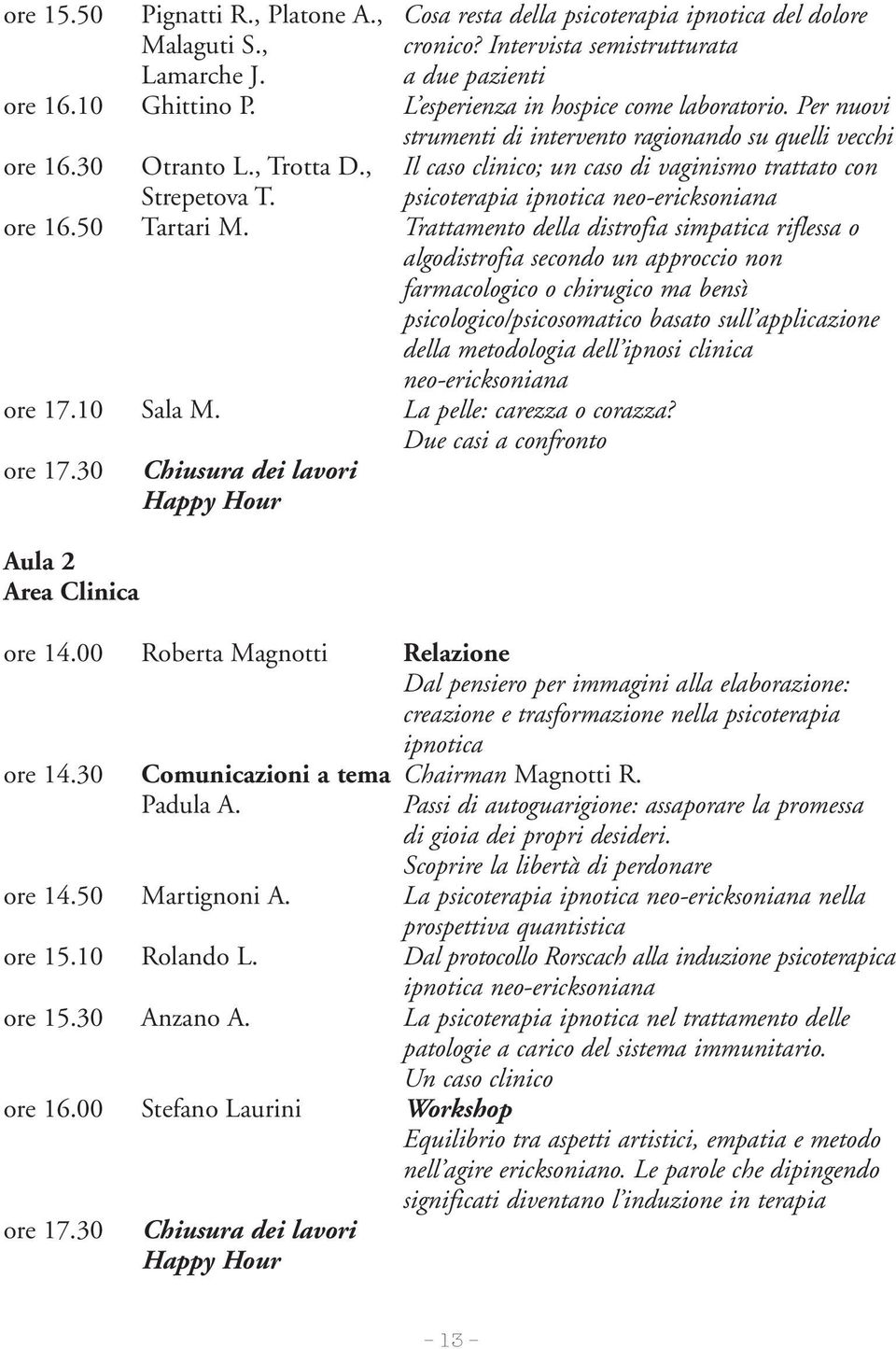 , Il caso clinico; un caso di vaginismo trattato con Strepetova T. psicoterapia ipnotica neo-ericksoniana ore 16.50 Tartari M.