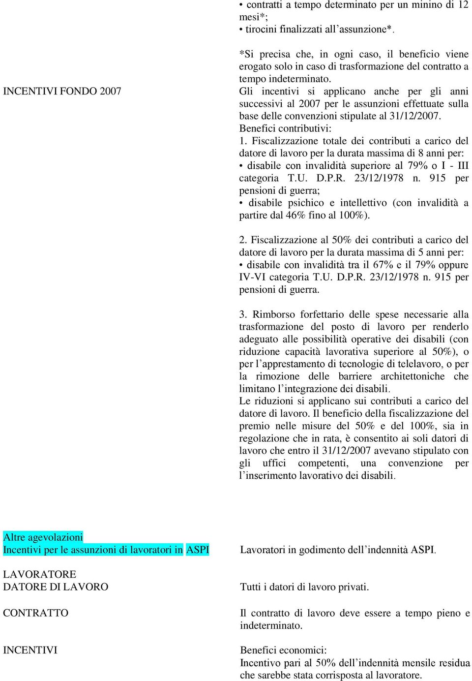 Gli incentivi si applicano anche per gli anni successivi al 2007 per le assunzioni effettuate sulla base delle convenzioni stipulate al 31/12/2007. Benefici contributivi: 1.