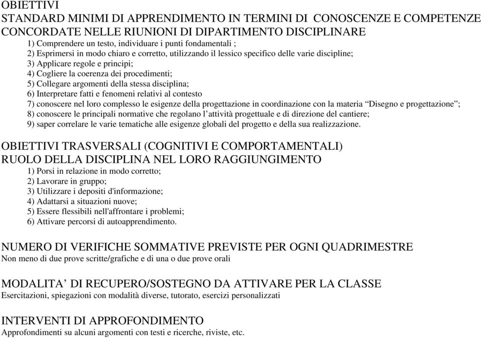 stessa disciplina; 6) Interpretare fatti e fenomeni relativi al contesto 7) conoscere nel loro complesso le esigenze della progettazione in coordinazione con la materia Disegno e progettazione ; 8)