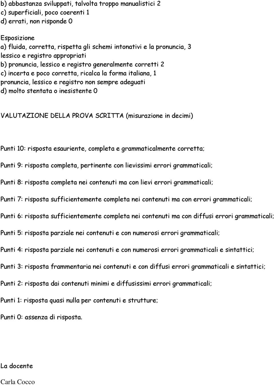 molto stentata o inesistente 0 VALUTAZIONE DELLA PROVA SCRITTA (misurazione in decimi) Punti 10: risposta esauriente, completa e grammaticalmente corretta; Punti 9: risposta completa, pertinente con