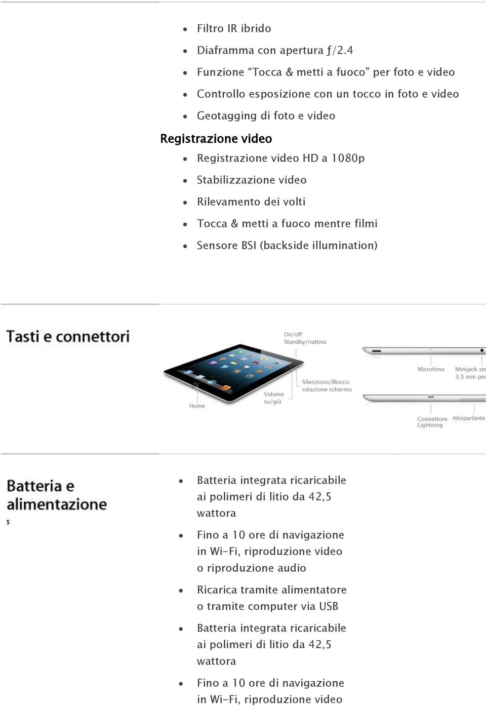 HD a 1080p Stabilizzazione video Rilevamento dei volti Tocca & metti a fuoco mentre filmi Sensore BSI (backside illumination) 5 Batteria integrata ricaricabile ai