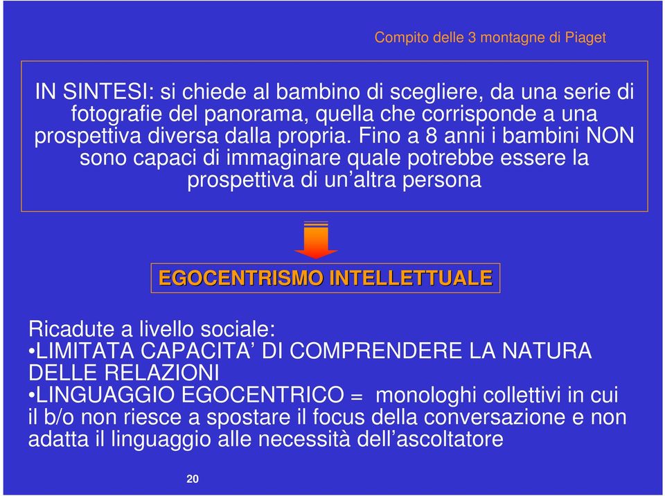 Fino b a 8 anni i bambini NON sono capaci di immaginare quale potrebbe essere la prospettiva di un altra persona EGOCENTRISMO INTELLETTUALE