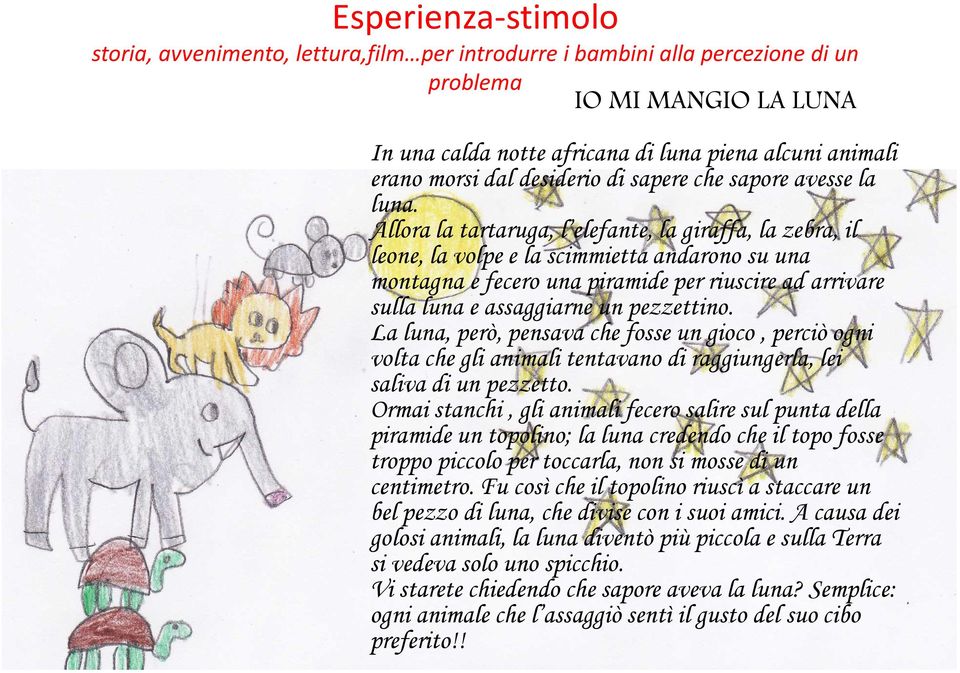 Allora la tartaruga, l elefante, la giraffa, la zebra, il leone, la volpe e la scimmietta andarono su una montagna e fecero una piramide per riuscire ad arrivare sulla luna e assaggiarne un