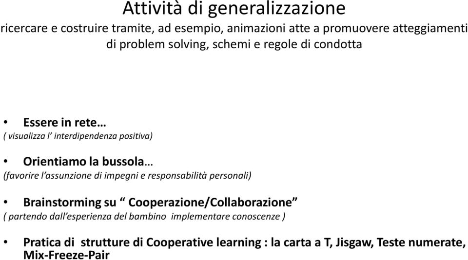 assunzione di impegni e responsabilità personali) Brainstorming su Cooperazione/Collaborazione ( partendo dall esperienza del