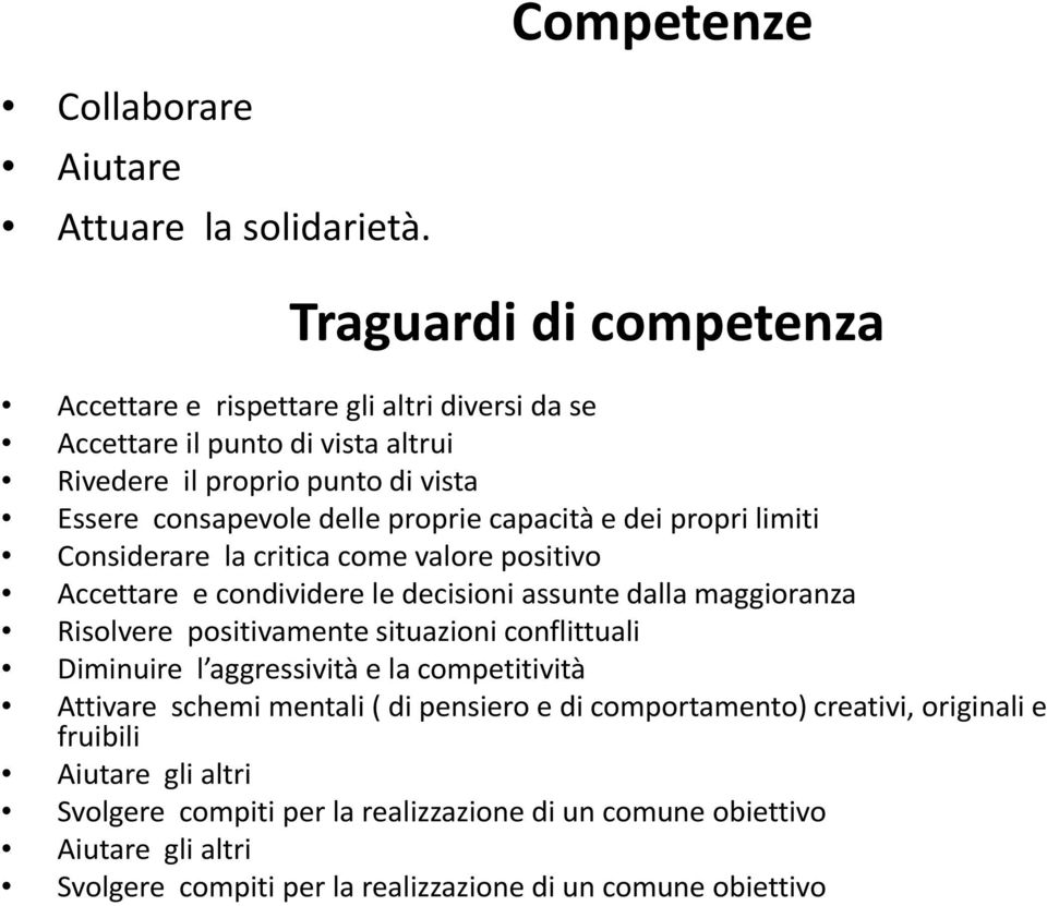 delle proprie capacità e dei propri limiti Considerare la critica come valore positivo Accettare e condividere le decisioni assunte dalla maggioranza Risolvere positivamente