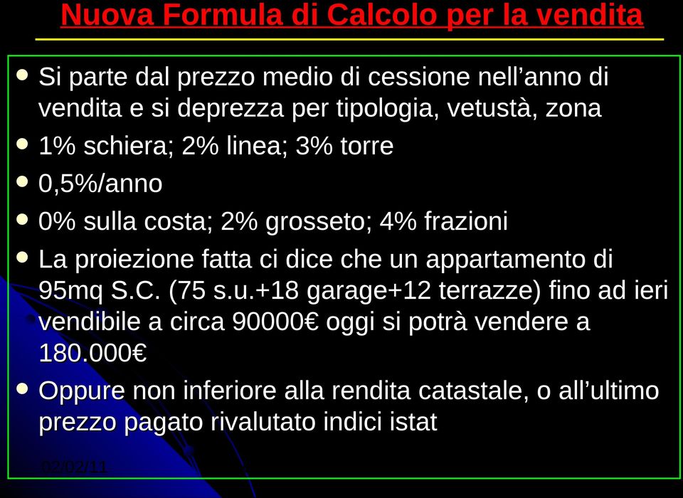 appartamento di 95mq S.C. (75 s.u.+18 garage+12 terrazze) fino ad ieri vendibile a circa 90000 oggi si potrà vendere a 180.