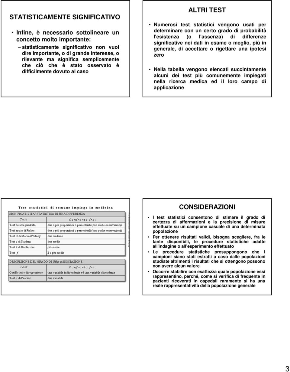 l'assenza) di differenze significative nei dati in esame o meglio, più in generale, di accettare o rigettare una ipotesi zero Nella tabella vengono elencati succintamente alcuni dei test più