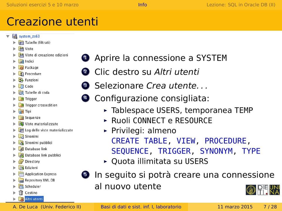 CREATE TABLE, VIEW, PROCEDURE, SEQUENCE, TRIGGER, SYNONYM, TYPE Quota illimitata su USERS 5 In seguito si potrà