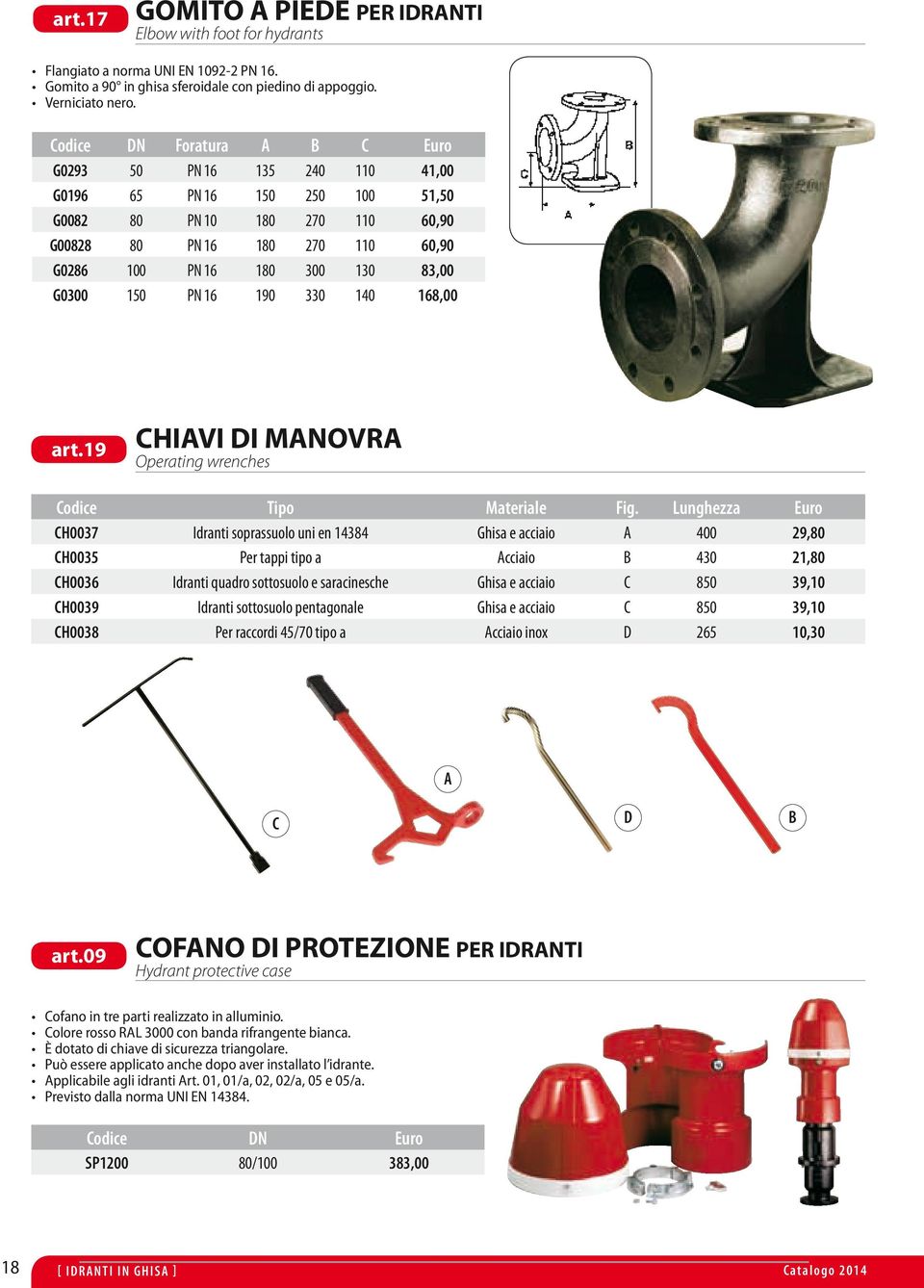 G0300 150 PN 16 190 330 140 168,00 art.19 CHIAVI DI MANOVRA operating wrenches Codice Tipo Materiale Fig.