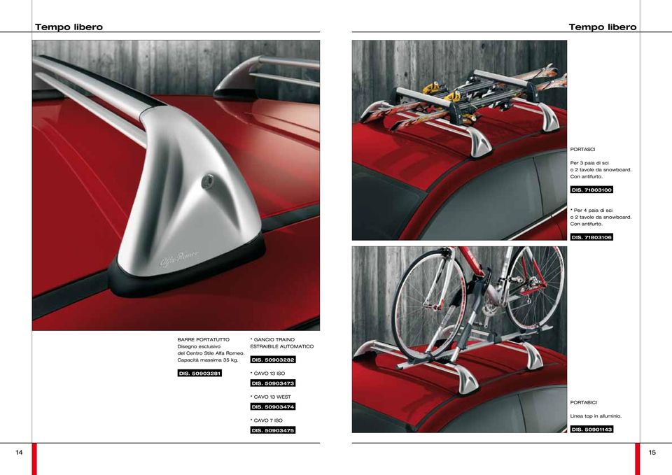 71803106 barre portatutto Disegno esclusivo del Centro Stile Alfa Romeo. Capacità massima 35 kg.