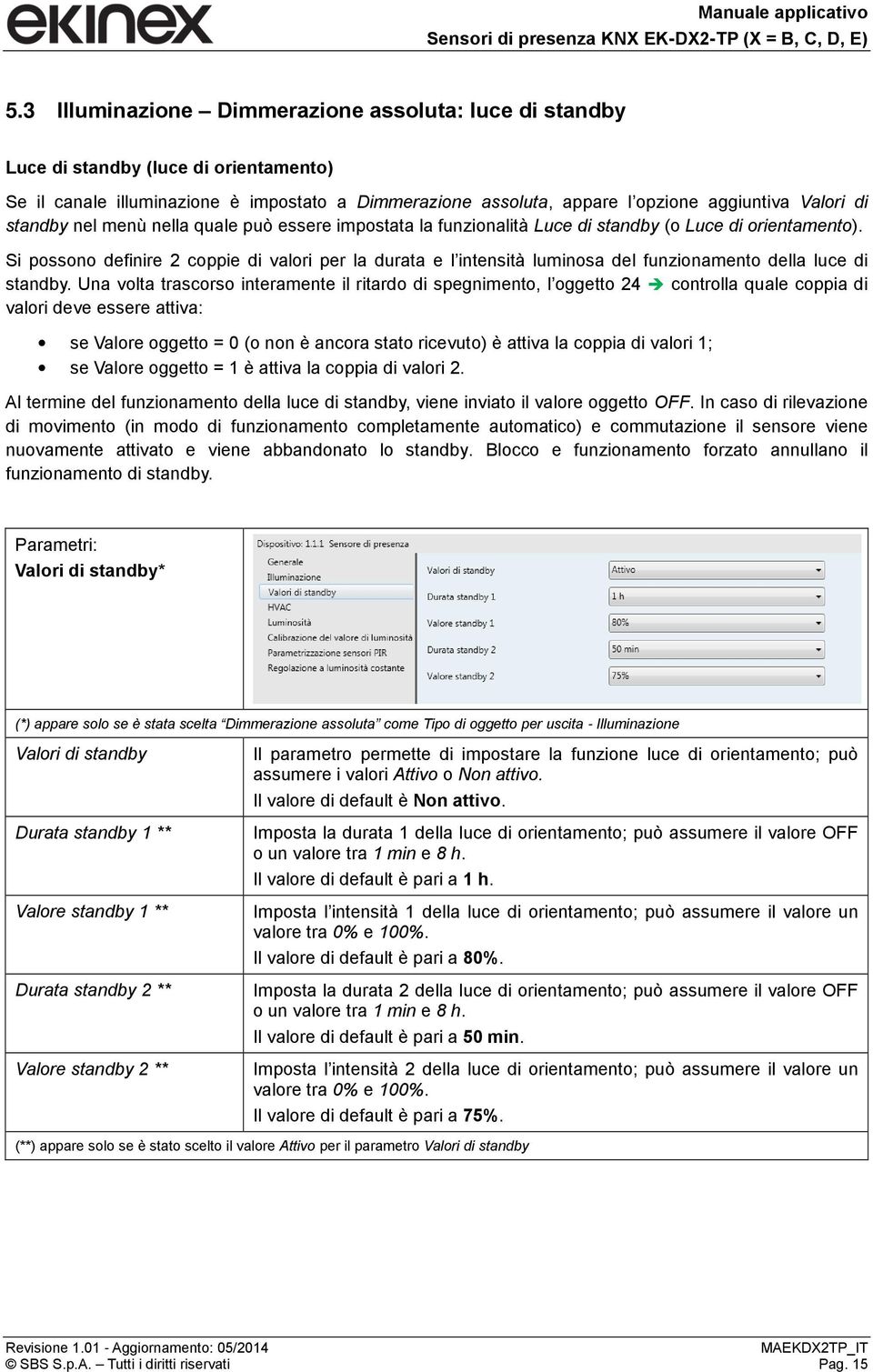 Si possono definire 2 coppie di valori per la durata e l intensità luminosa del funzionamento della luce di standby.