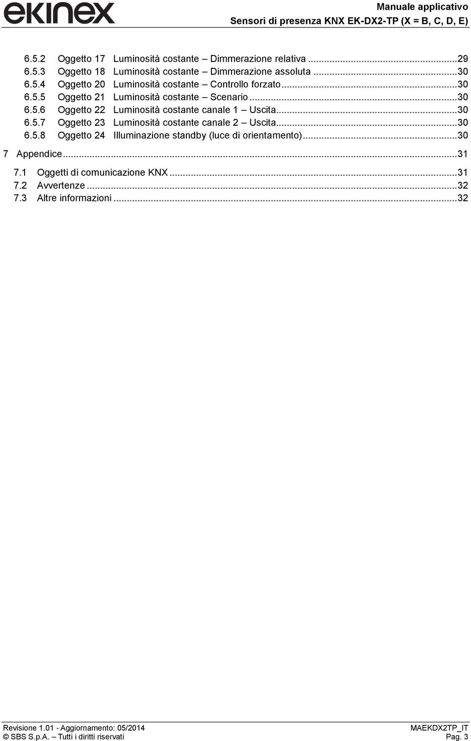 .. 30 6.5.8 Oggetto 24 Illuminazione standby (luce di orientamento)... 30 7 Appendice... 31 7.1 Oggetti di comunicazione KNX... 31 7.2 Avvertenze.